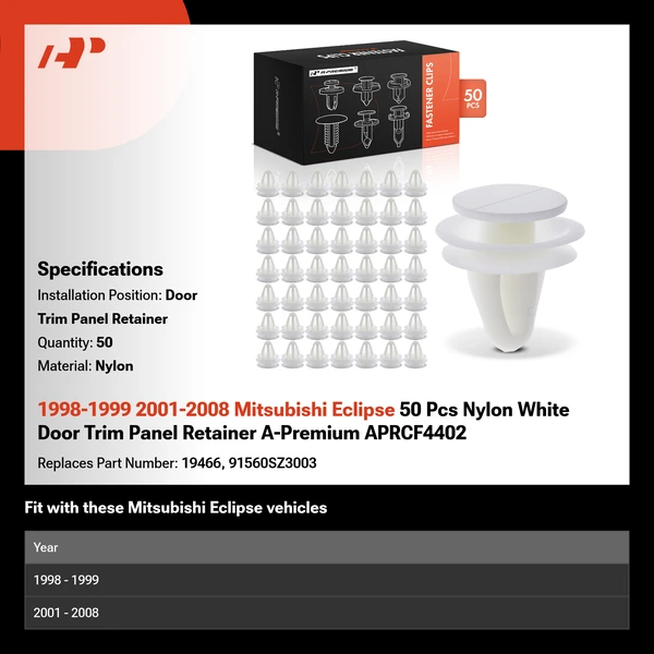 1998-1999 2001-2008 Mitsubishi Eclipse 50 Pcs Nylon White Door Trim Panel Retainer A-Premium APRCF4402