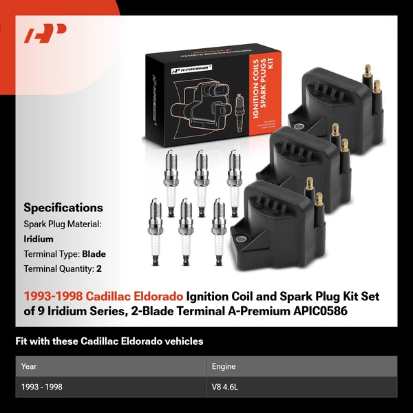 1993-1998 Cadillac Eldorado Ignition Coil and Spark Plug Kit Set of 9 Iridium Series, 2-Blade Terminal A-Premium APIC0586