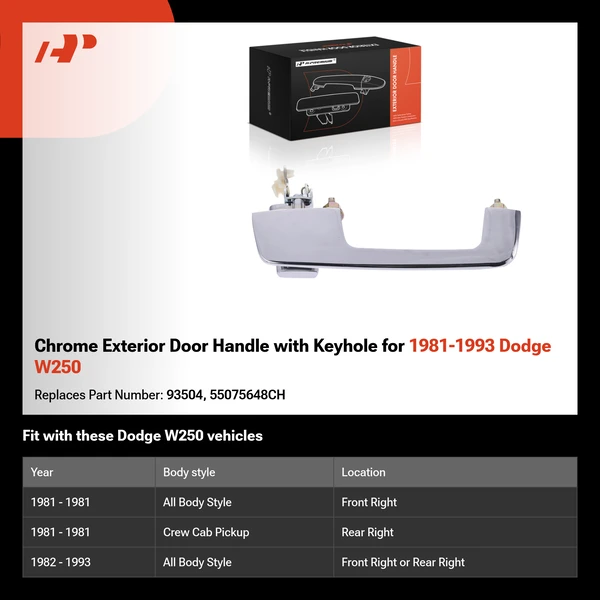 Chrome Exterior Door Handle with Keyhole for 1981-1993 Dodge W250