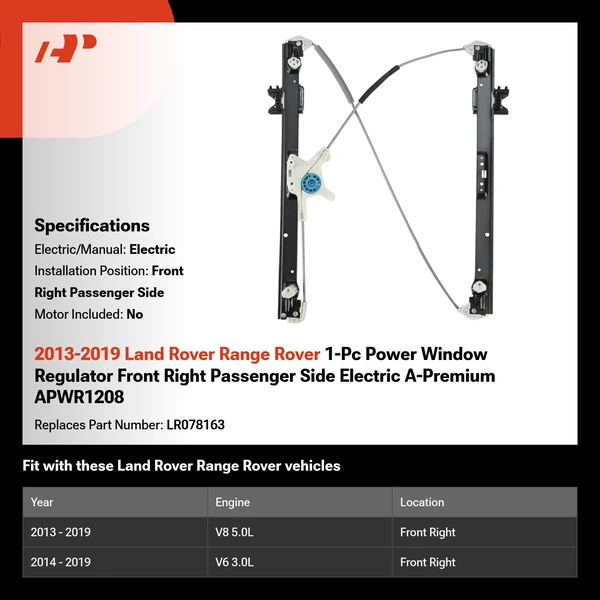 2013-2019 Land Rover Range Rover 1-Pc Power Window Regulator Front Right Passenger Side Electric A-Premium APWR1208