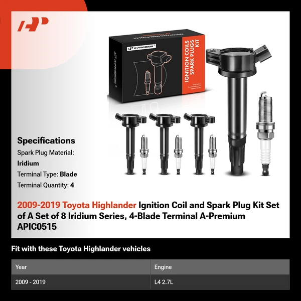 2009-2019 Toyota Highlander Ignition Coil and Spark Plug Kit Set of A Set of 8 Iridium Series, 4-Blade Terminal A-Premium APIC0515