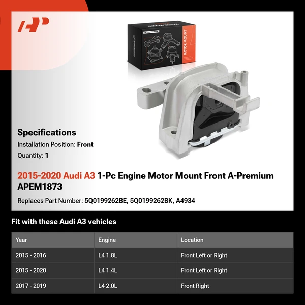 2015-2020 Audi A3 1-Pc Engine Motor Mount Front A-Premium APEM1873