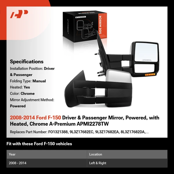 2008-2014 Ford F-150 Driver & Passenger Mirror, Powered, with Heated, Chrome A-Premium APMI2278TW