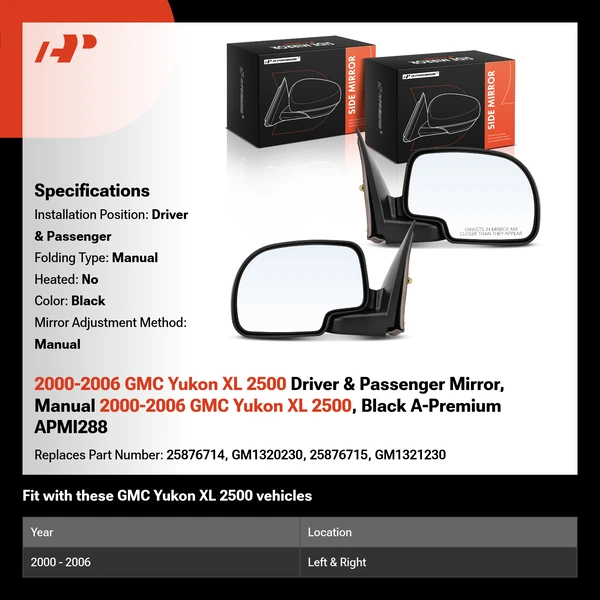 2000-2006 GMC Yukon XL 2500 Driver & Passenger Mirror, Manual 2000-2006 GMC Yukon XL 2500, Black A-Premium APMI288