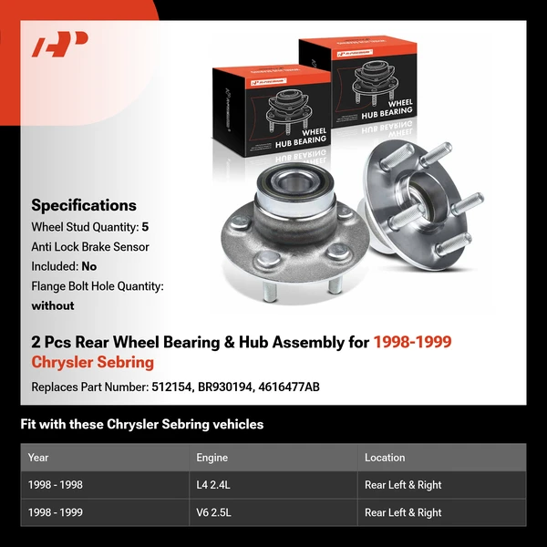 2 Pcs Rear Wheel Bearing & Hub Assembly for 1998-1999 Chrysler Sebring
