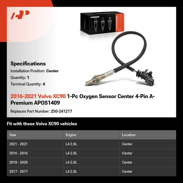 2016-2021 Volvo XC90 1-Pc Oxygen Sensor Center 4-Pin A-Premium APOS1409