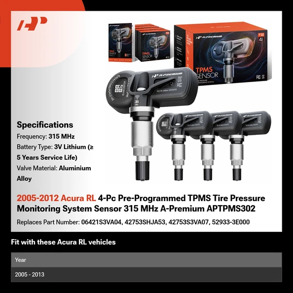 2005-2012 Acura RL 4-Pc Pre-Programmed TPMS Tire Pressure Monitoring System Sensor 315 MHz A-Premium APTPMS302