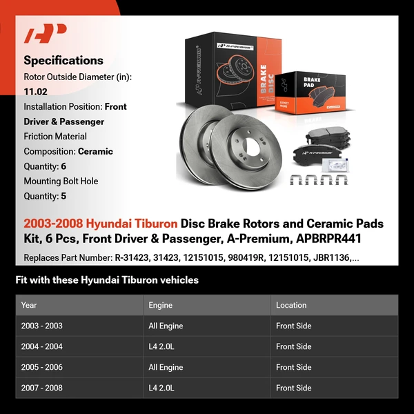 2003-2008 Hyundai Tiburon Disc Brake Rotors and Ceramic Pads Kit, 6 Pcs, Front Driver & Passenger, A-Premium, APBRPR441