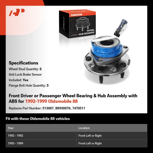 Front Driver or Passenger Wheel Bearing & Hub Assembly with ABS for 1992-1999 Oldsmobile 88