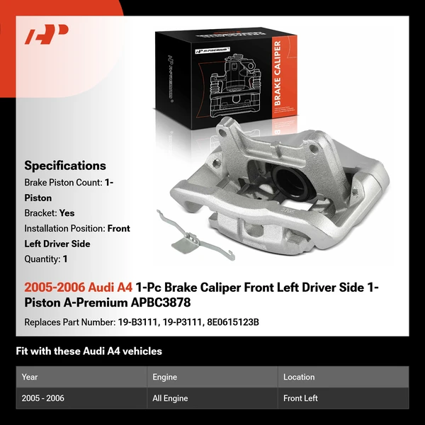 2005-2006 Audi A4 1-Pc Brake Caliper Front Left Driver Side 1-Piston A-Premium APBC3878