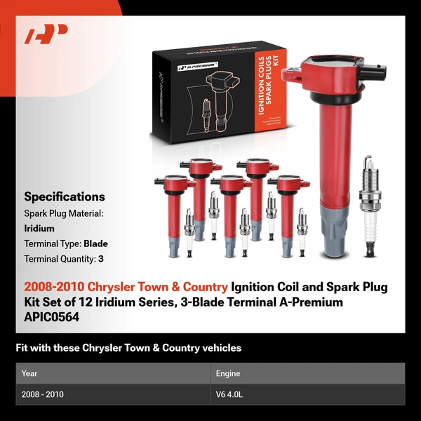 2008-2010 Chrysler Town & Country Ignition Coil and Spark Plug Kit Set of 12 Iridium Series, 3-Blade Terminal A-Premium APIC0564