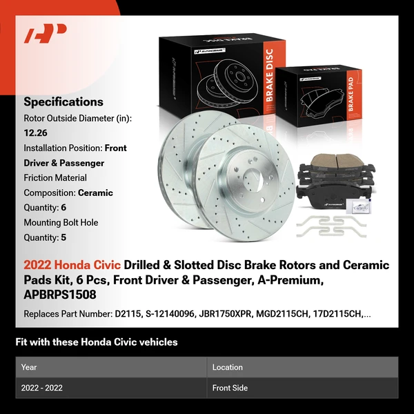 2022 Honda Civic Drilled & Slotted Disc Brake Rotors and Ceramic Pads Kit, 6 Pcs, Front Driver & Passenger, A-Premium, APBRPS1508