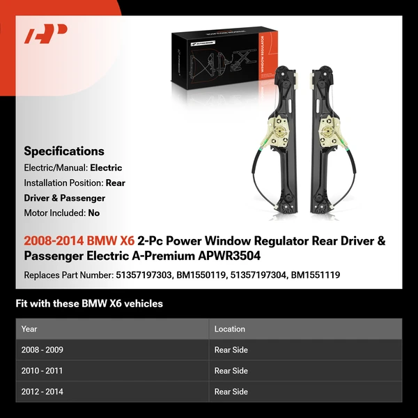 2008-2014 BMW X6 2-Pc Power Window Regulator Rear Driver & Passenger Electric A-Premium APWR3504