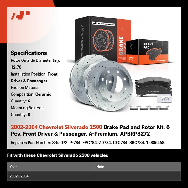 2002-2004 Chevrolet Silverado 2500 Brake Pad and Rotor Kit, 6 Pcs, Front Driver & Passenger, A-Premium, APBRPS272