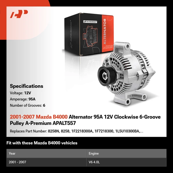 2001-2007 Mazda B4000 Alternator 95A 12V Clockwise 6-Groove Pulley A-Premium APALT557
