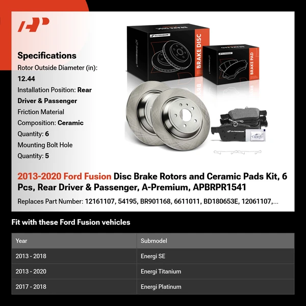2013-2020 Ford Fusion Disc Brake Rotors and Ceramic Pads Kit, 6 Pcs, Rear Driver & Passenger, A-Premium, APBRPR1541