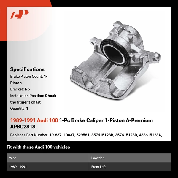 1989-1991 Audi 100 1-Pc Brake Caliper 1-Piston A-Premium APBC2818