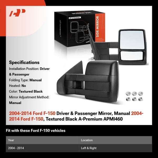 2004-2014 Ford F-150 Driver & Passenger Mirror, Manual 2004-2014 Ford F-150, Textured Black A-Premium APMI460
