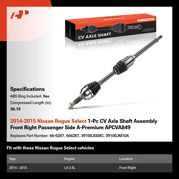 2014-2015 Nissan Rogue Select 1-Pc CV Axle Shaft Assembly Front Right Passenger Side A-Premium APCVA849