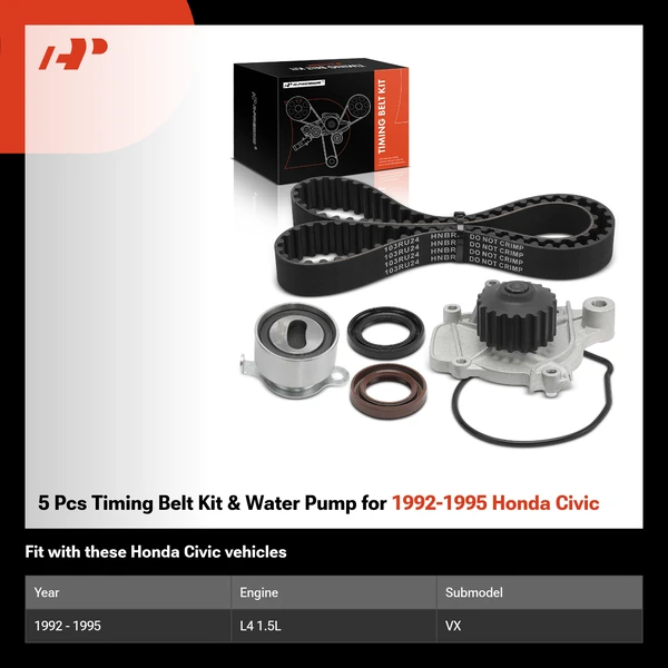 5 Pcs Timing Belt Kit & Water Pump for 1992-1995 Honda Civic