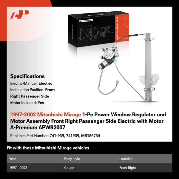 1997-2002 Mitsubishi Mirage 1-Pc Power Window Regulator and Motor Assembly Front Right Passenger Side Electric with Motor A-Premium APWR2007