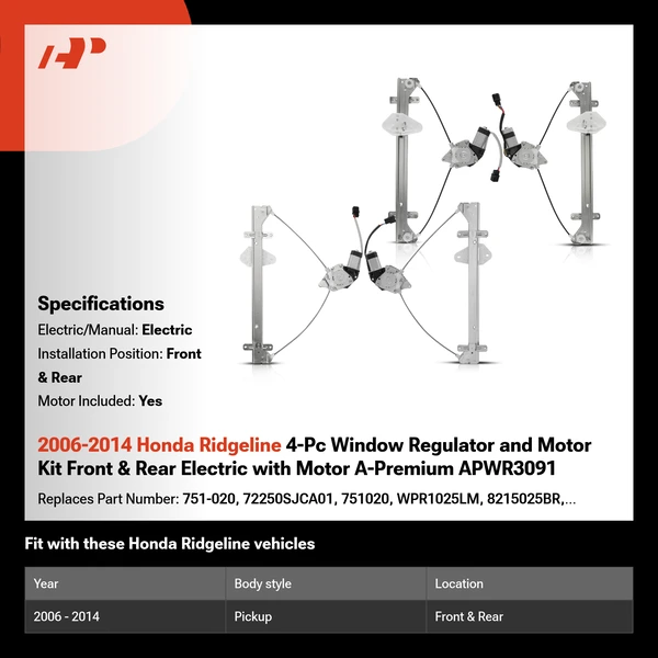2006-2014 Honda Ridgeline 4-Pc Window Regulator and Motor Kit Front & Rear Electric with Motor A-Premium APWR3091