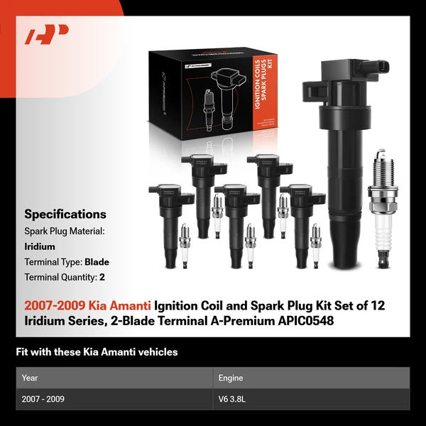 2007-2009 Kia Amanti Ignition Coil and Spark Plug Kit Set of 12 Iridium Series, 2-Blade Terminal A-Premium APIC0548