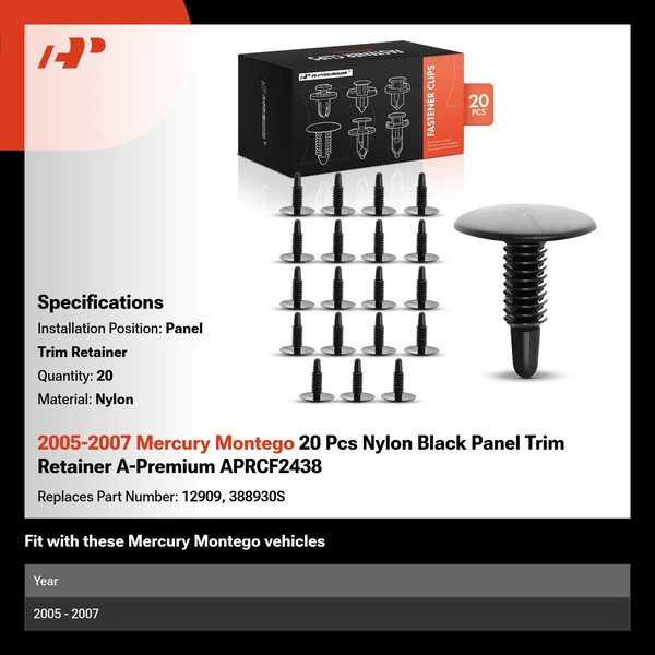 2005-2007 Mercury Montego 20 Pcs Nylon Black Panel Trim Retainer A-Premium APRCF2438