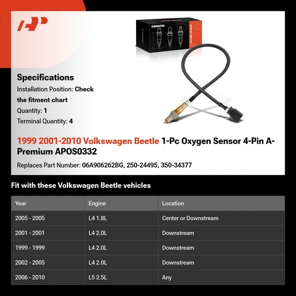 1999 2001-2010 Volkswagen Beetle 1-Pc Oxygen Sensor 4-Pin A-Premium APOS0332