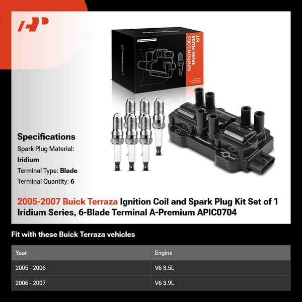 2005-2007 Buick Terraza Ignition Coil and Spark Plug Kit Set of A Set of 7 Iridium Series, 6-Blade Terminal A-Premium APIC0704