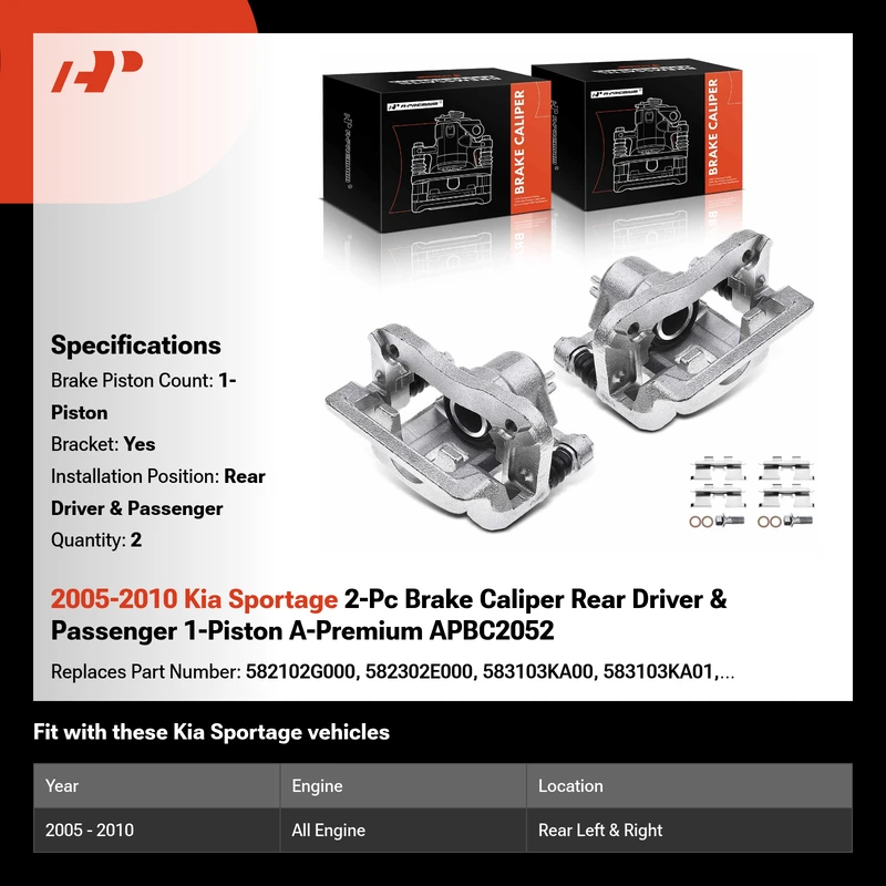 2005-2010 Kia Sportage 2-Pc Brake Caliper Rear Driver & Passenger 1-Piston A-Premium APBC2052