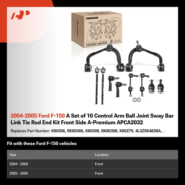 2004-2005 Ford F-150 A Set of 10 Control Arm Ball Joint Sway Bar Link Tie Rod End Kit Front Side A-Premium APCA2032