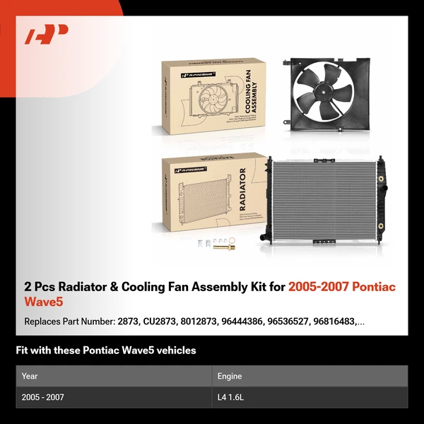 2 Pcs Radiator & Cooling Fan Assembly Kit for 2005-2007 Pontiac Wave5