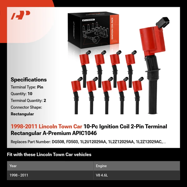 1998-2011 Lincoln Town Car A Set of 10-Pc Ignition Coil 2-Blade Terminal Rectangular A-Premium APIC1046