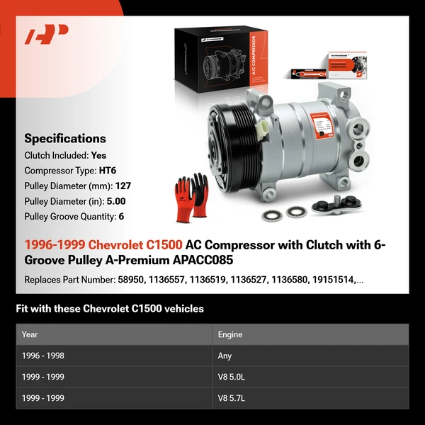 1996-1999 Chevrolet C1500 AC Compressor with Clutch with 6-Groove Pulley A-Premium APACC085