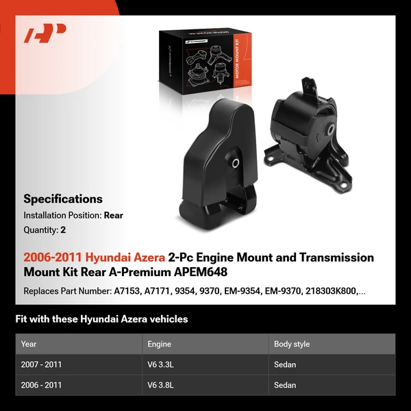 2006-2011 Hyundai Azera 2-Pc Engine Mount and Transmission Mount Kit Rear A-Premium APEM648
