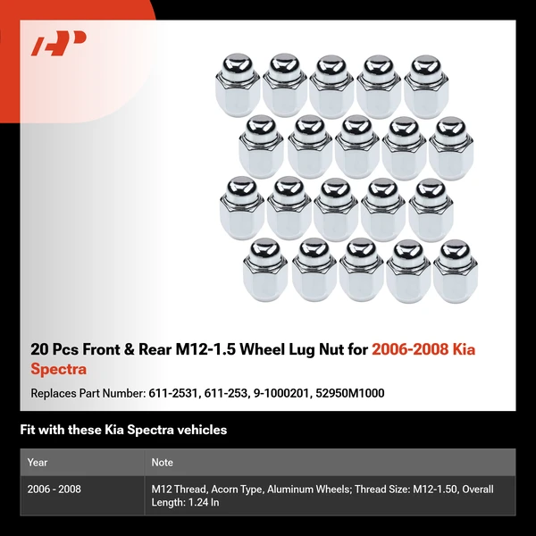 20 Pcs Front & Rear M12-1.5 Wheel Lug Nut for 2006-2008 Kia Spectra