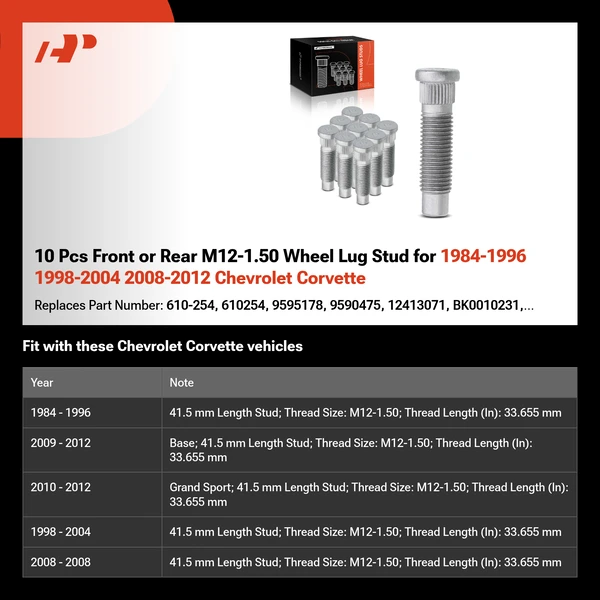 10 Pcs Front or Rear M12-1.50 Wheel Lug Stud for 1984-1996 1998-2004 2008-2012 Chevrolet Corvette
