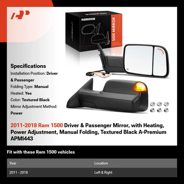 2011-2018 Ram 1500 Driver & Passenger Mirror, with Heating, Power Adjustment, Manual Folding, Textured Black A-Premium APMI443