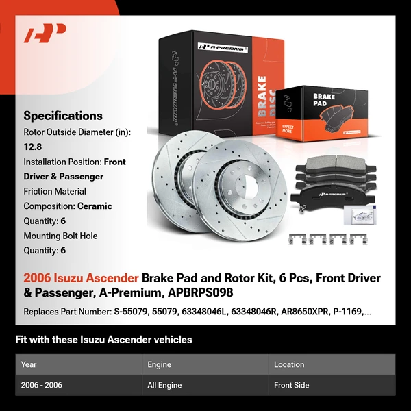 2006 Isuzu Ascender Brake Pad and Rotor Kit, 6 Pcs, Front Driver & Passenger, A-Premium, APBRPS098