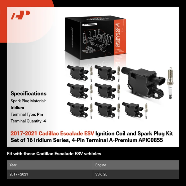 2017-2021 Cadillac Escalade ESV Ignition Coil and Spark Plug Kit Set of 16 Iridium Series, 4-Pin Terminal A-Premium APIC0855