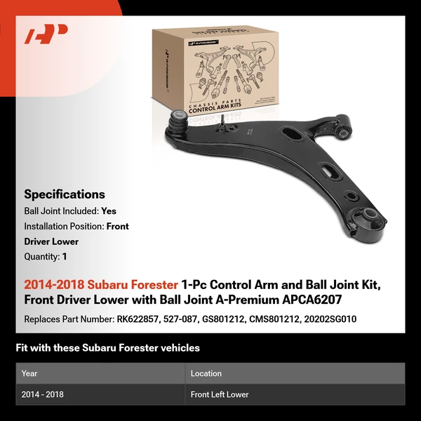 2014-2018 Subaru Forester 1-Pc Control Arm and Ball Joint Kit, Front Driver Lower with Ball Joint A-Premium APCA6207
