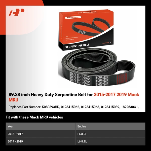 89.28 inch Heavy Duty Serpentine Belt for 2015-2017 2019 Mack MRU