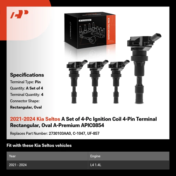 2021-2024 Kia Seltos A Set of 4-Pc Ignition Coil 4-Pin Terminal Rectangular, Oval A-Premium APIC0854