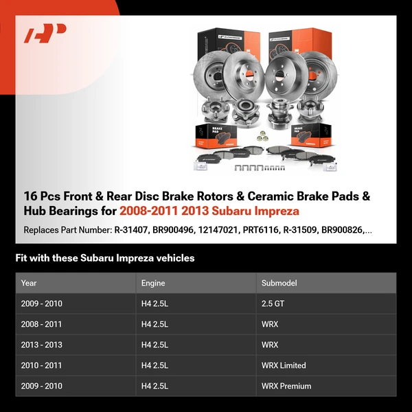 16 Pcs Front & Rear Disc Brake Rotors & Ceramic Brake Pads & Hub Bearings for 2008-2011 2013 Subaru Impreza