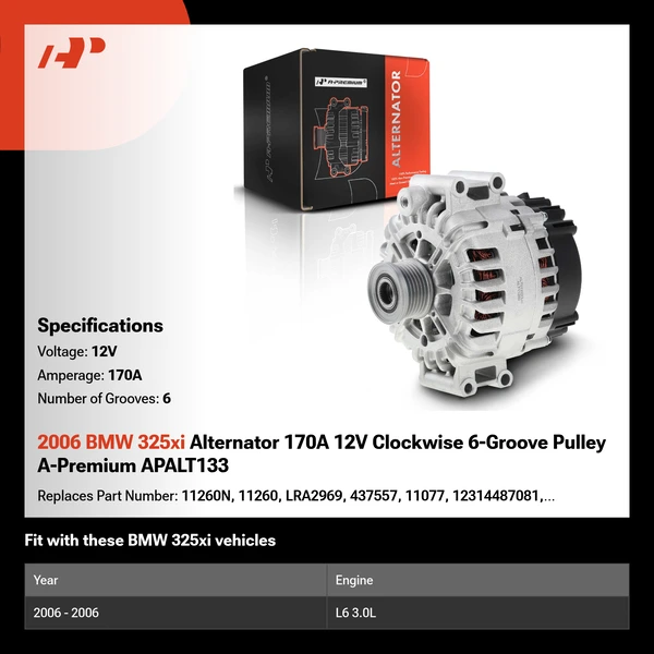 2006 BMW 325xi Alternator 170A 12V Clockwise 6-Groove Pulley A-Premium APALT133