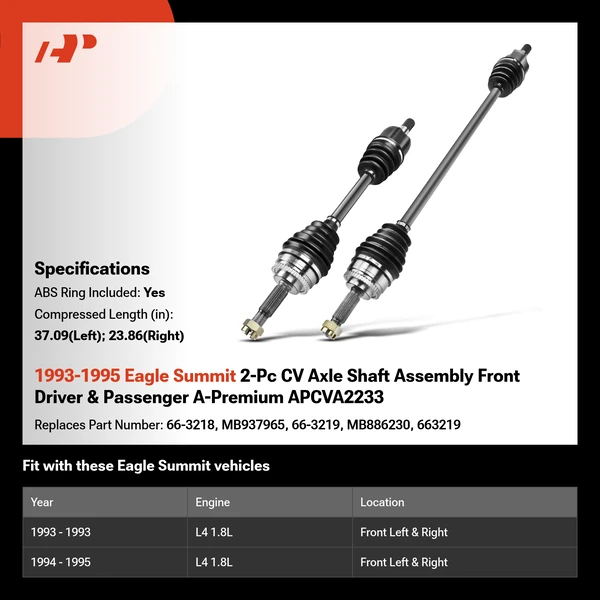 1993-1995 Eagle Summit 2-Pc CV Axle Shaft Assembly Front Driver & Passenger A-Premium APCVA2233