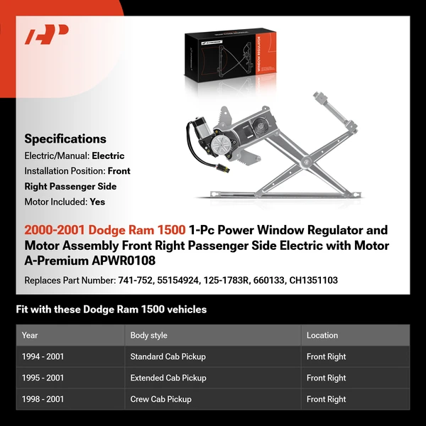 2000-2001 Dodge Ram 1500 1-Pc Power Window Regulator and Motor Assembly Front Right Passenger Side Electric with Motor A-Premium APWR0108
