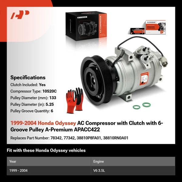 1999-2004 Honda Odyssey AC Compressor with Clutch with 6-Groove Pulley A-Premium APACC422