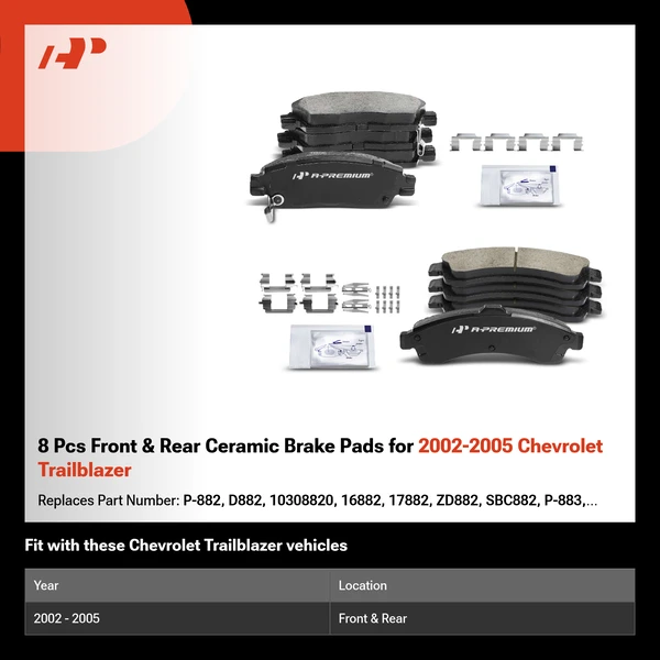 8 Pcs Front & Rear Ceramic Brake Pads for 2002-2005 Chevrolet Trailblazer